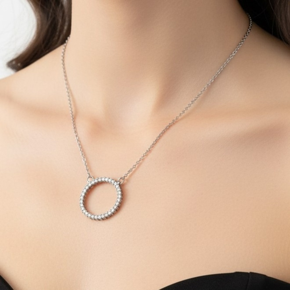 CZ Diamond Circle Pendant silver Necklace SKUJ039‎